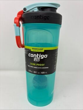 Contigo Teal Mixer Bottle with Red Carabiner and Light Blue Handle 28oz